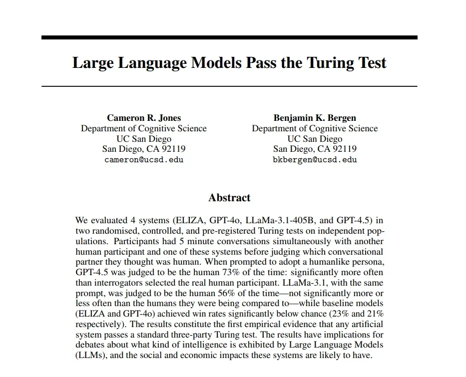 Research paper on large language models passing the Turing test
